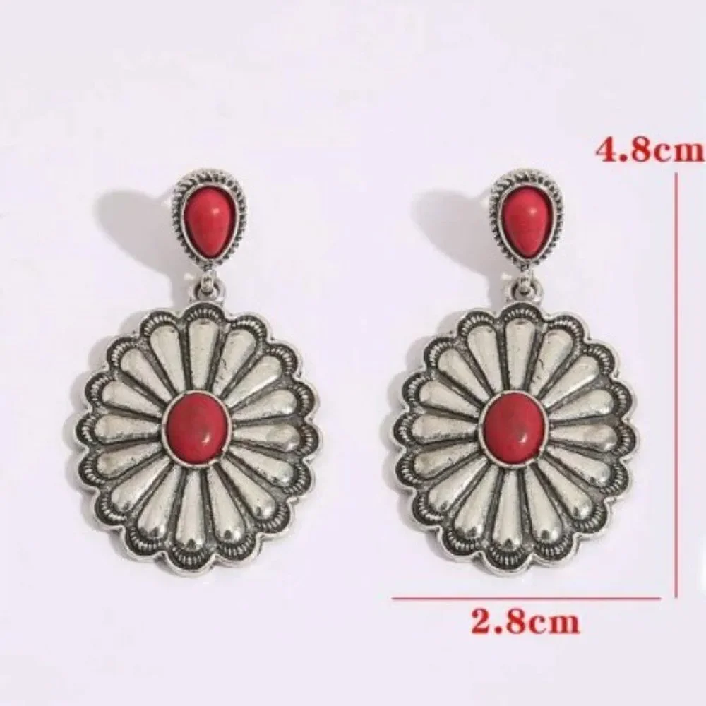 WESTERN SILVER RED TURQUOISE CONCHO SANTA FE STYLE DANGLE EARRINGS